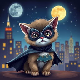 A whimsical and playful scene featuring a kitten dressed as Batman, complete with a tiny bat cape and mask