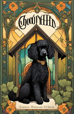 Art Nouveau style doghouse with stained glass windows, ivy-covered walls, and a 19-year-old black poodle in a cinematic movie poster style book cover