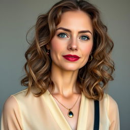 Портрет 30-летней женщины по имени Лаура, с длинными волнистыми темными волосами, которые свободно падают на плечи