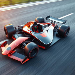 A futuristic Formula 1 race car prototype, showcasing sleek aerodynamic lines and advanced technology