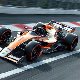 A futuristic Formula 1 race car prototype, showcasing sleek aerodynamic lines and advanced technology