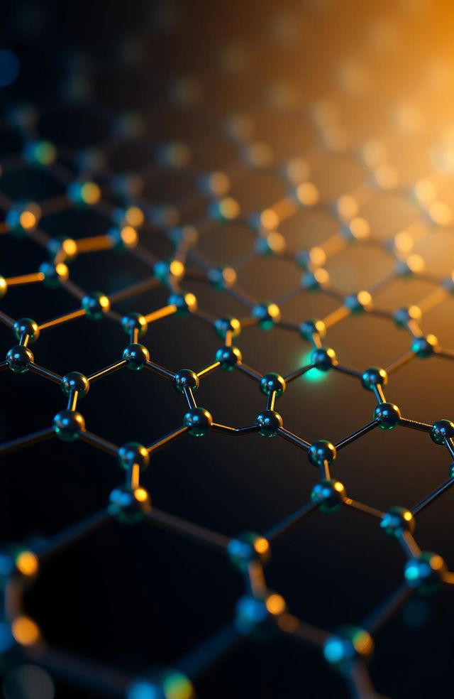 A beautiful, intricate depiction of carbon quantum dots arranged in a graphene structure, showcasing the unique honeycomb lattice pattern characteristic of graphene