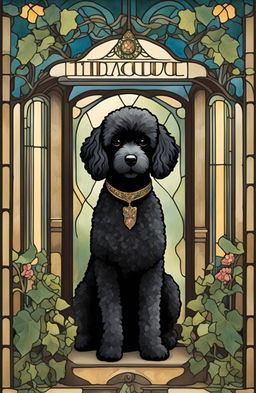 Art Nouveau style doghouse with stained glass windows, ivy-covered walls, and a 19-year-old black poodle in a cinematic movie poster style book cover