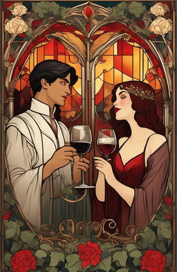 Art Nouveau dominant scene featuring a 19-year-old fairy and vampire toasting with white and red wine respectively in an ivy-adorned room with stained glass windows