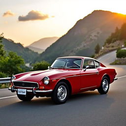 A classic Datsun 1200 sports car, sleek and stylish in design, parked against a picturesque backdrop of a winding mountain road