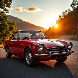 A classic Datsun 1200 sports car, sleek and stylish in design, parked against a picturesque backdrop of a winding mountain road