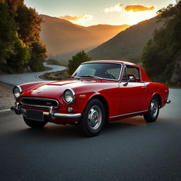 A classic Datsun 1200 sports car, sleek and stylish in design, parked against a picturesque backdrop of a winding mountain road