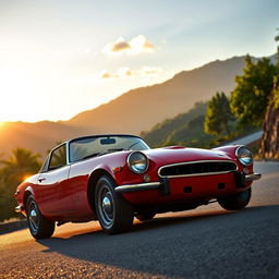 A classic Datsun 1200 sports car, sleek and stylish in design, parked against a picturesque backdrop of a winding mountain road