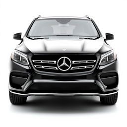 A totally black Mercedes GLE car viewed from the front, positioned against a completely white background
