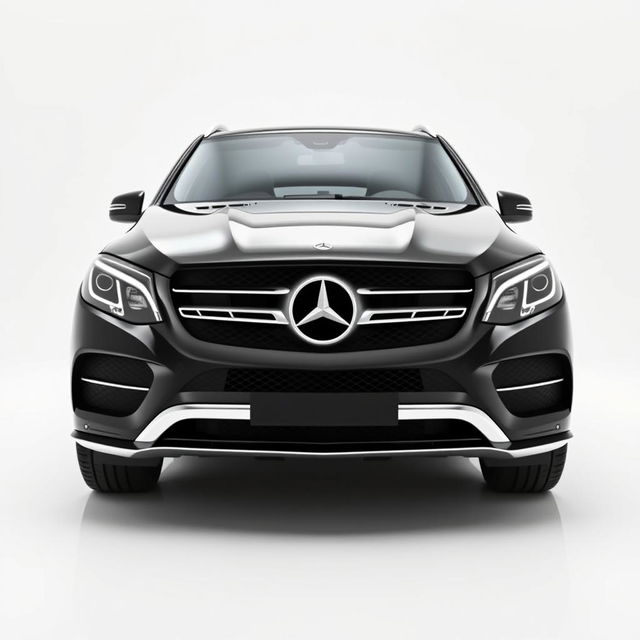 A totally black Mercedes GLE car viewed from the front, positioned against a completely white background