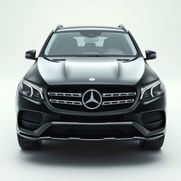 A totally black Mercedes GLE car viewed from the front, positioned against a completely white background