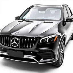 A totally black Mercedes GLE car viewed from the front, positioned against a completely white background