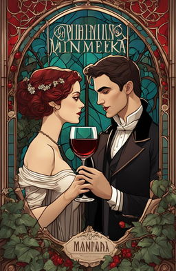 Art Nouveau dominant scene featuring a 19-year-old fairy and vampire toasting with white and red wine respectively in an ivy-adorned room with stained glass windows