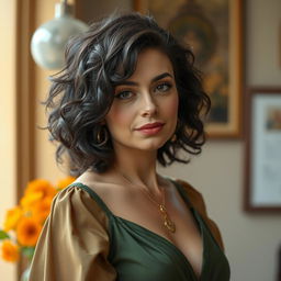 Портрет 38-летней женщины по имени Лаура, с длинными волнистыми темными волосами, свободно падающими на плечи
