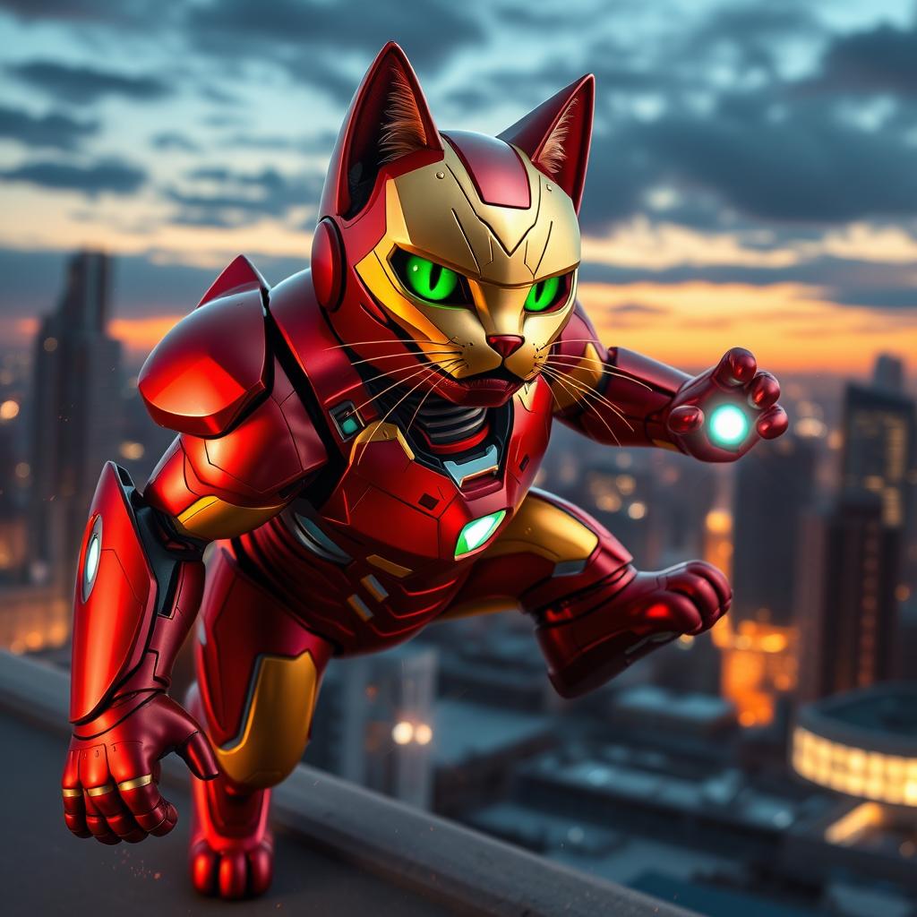 A fierce and dynamic cat themed Iron Man, combining elements of a powerful superhero suit with adorable feline features