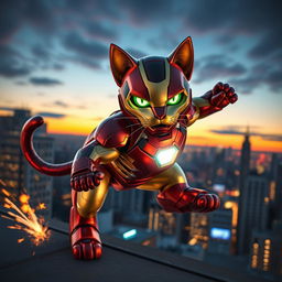 A fierce and dynamic cat themed Iron Man, combining elements of a powerful superhero suit with adorable feline features