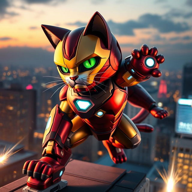 A fierce and dynamic cat themed Iron Man, combining elements of a powerful superhero suit with adorable feline features