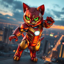 A fierce and dynamic cat themed Iron Man, combining elements of a powerful superhero suit with adorable feline features