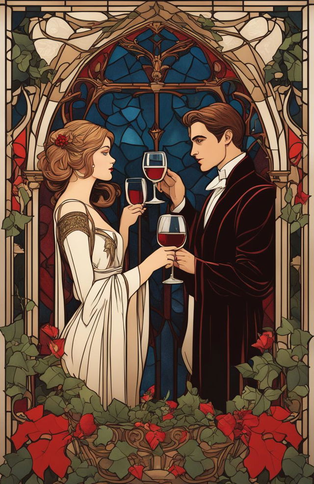 Art Nouveau dominant scene featuring a 19-year-old fairy and vampire toasting with white and red wine respectively in an ivy-adorned room with stained glass windows