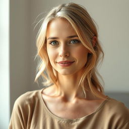 A 32-year-old woman with light blonde hair, showcasing a European appearance characterized by natural features