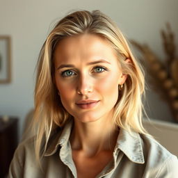 A 32-year-old woman with light blonde hair, showcasing a European appearance characterized by natural features