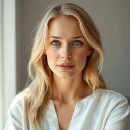 A 32-year-old woman with light blonde hair, showcasing a European appearance characterized by natural features