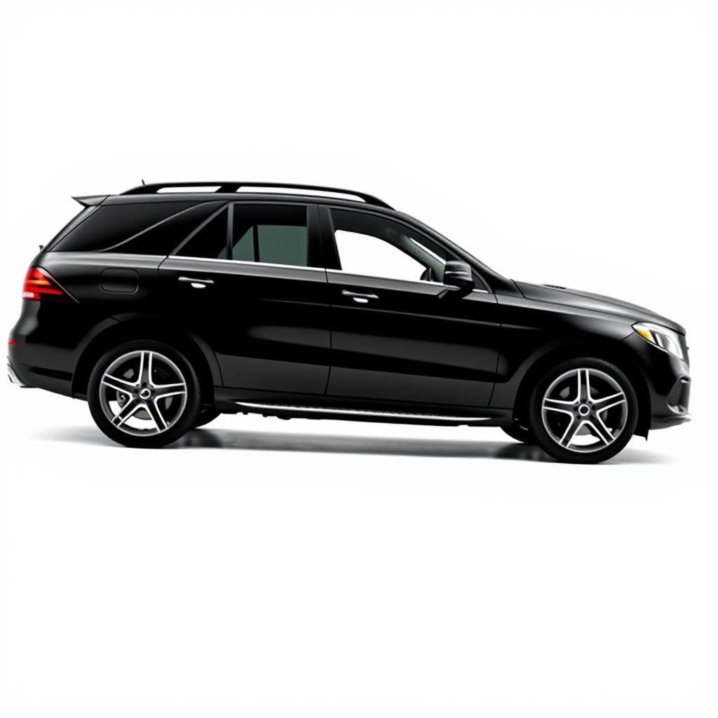 A sleek, totally black Mercedes GLE car viewed from the side, positioned against a completely white background