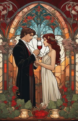 Art Nouveau dominant scene featuring a 19-year-old fairy and vampire toasting with white and red wine respectively in an ivy-adorned room with stained glass windows