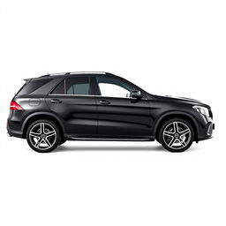 A sleek, totally black Mercedes GLE car viewed from the side, positioned against a completely white background