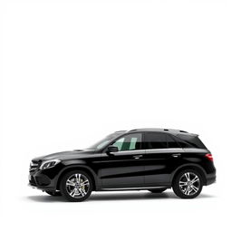 A sleek, totally black Mercedes GLE car viewed from the side, positioned against a completely white background