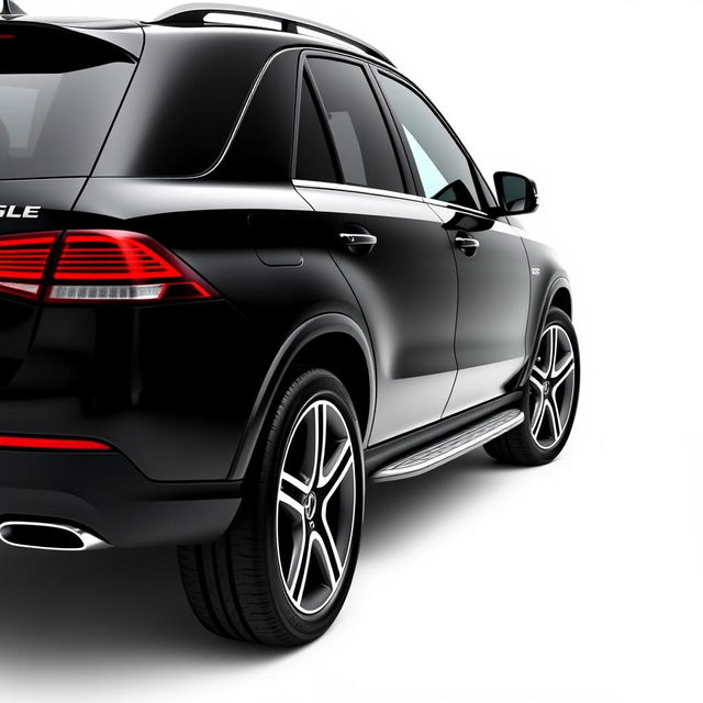 A sleek, totally black Mercedes GLE car viewed from the side, positioned against a completely white background