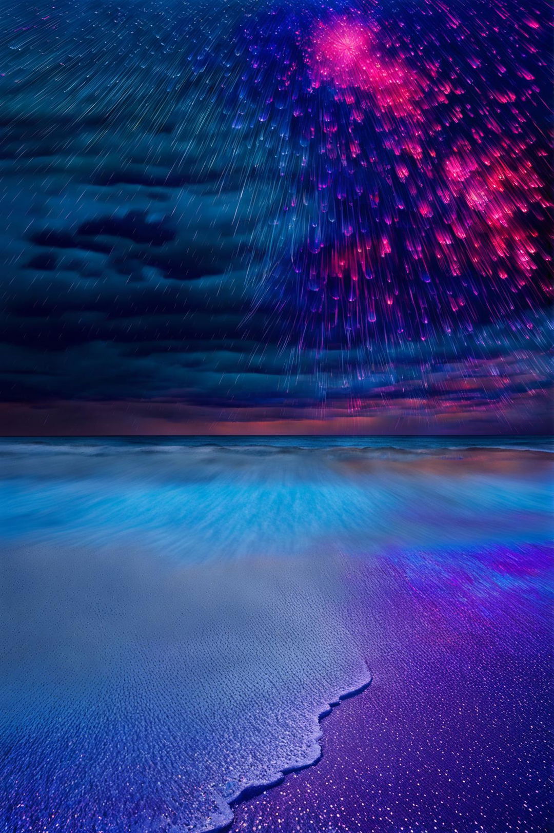 White sand beach at dusk under a moody sky with kaleidoscope rain falling.