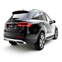 A sleek, totally black Mercedes GLE car viewed from the back, set against a completely white background