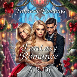 A captivating book cover for a fantasy romance featuring a blonde woman, a brunette woman, and a man