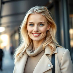 A 35-year-old woman with Scandinavian features, characterized by light blonde hair and pale blue eyes, dressed in modern fashion