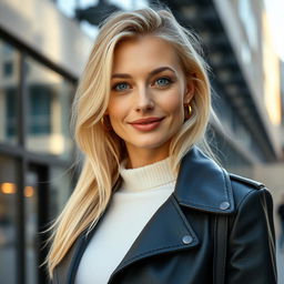 A 35-year-old woman with Scandinavian features, characterized by light blonde hair and pale blue eyes, dressed in modern fashion