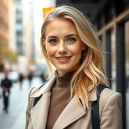 A 35-year-old woman with Scandinavian features, characterized by light blonde hair and pale blue eyes, dressed in modern fashion