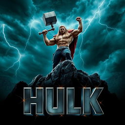 A cinematic movie poster featuring a character inspired by Thor titled 'HULK'