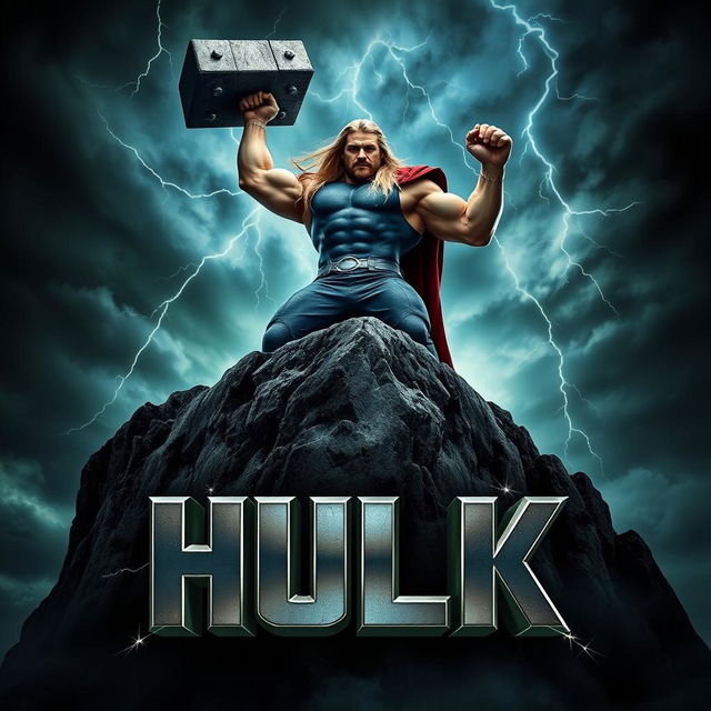 A cinematic movie poster featuring a character inspired by Thor titled 'HULK'