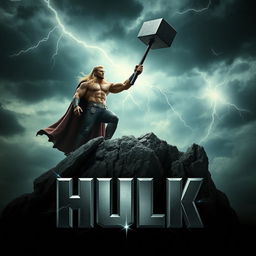 A cinematic movie poster featuring a character inspired by Thor titled 'HULK'
