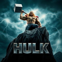 A cinematic movie poster featuring a character inspired by Thor titled 'HULK'