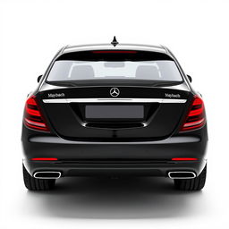 A totally black Mercedes Maybach viewed from the back, set against a completely white background