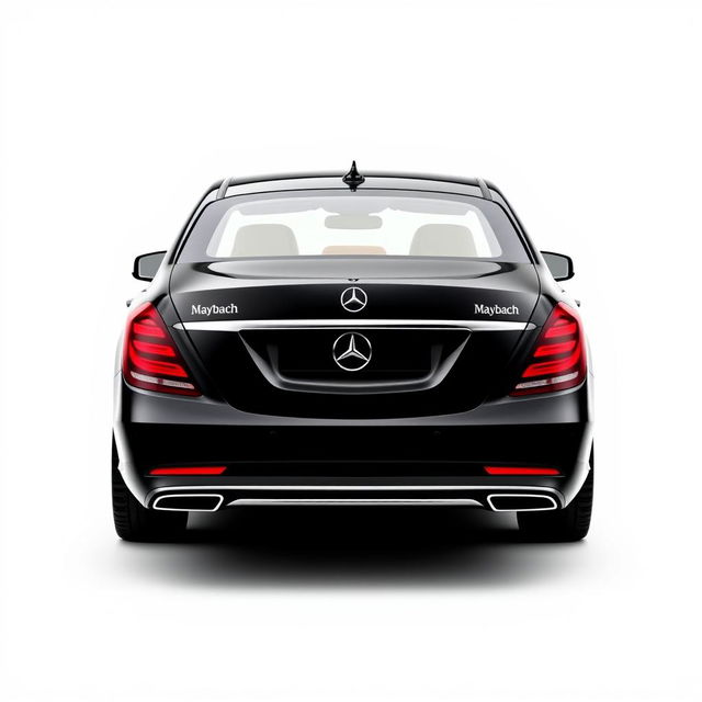 A totally black Mercedes Maybach viewed from the back, set against a completely white background