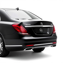 A totally black Mercedes Maybach viewed from the back, set against a completely white background