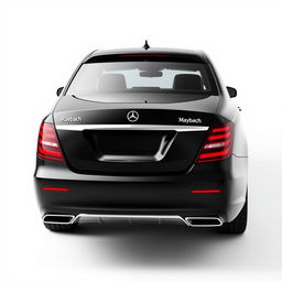 A totally black Mercedes Maybach viewed from the back, set against a completely white background