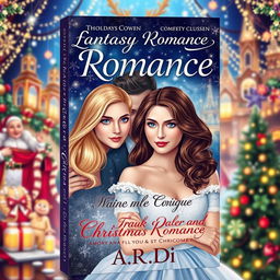A whimsical book cover for a fantasy romance featuring a blonde woman and a brunette woman, with a scared man standing protectively behind the blonde