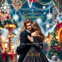 A whimsical book cover for a fantasy romance featuring a blonde woman and a brunette woman, with a scared man standing protectively behind the blonde