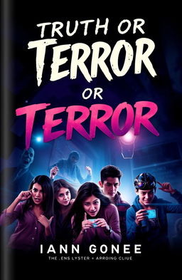 A thrilling book cover design for 'Truth or Terror', featuring a dynamic and suspenseful scene of friends intensely working together to escape a mysterious, eerie room filled with shadowy figures and cryptic clues