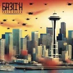 Create a vivid and attention-grabbing movie thumbnail, depicting an intense battle scene happening in Seattle with the city's iconic landmarks in the background