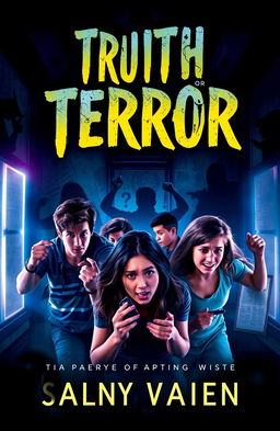A thrilling book cover design for 'Truth or Terror', featuring a dynamic and suspenseful scene of friends intensely working together to escape a mysterious, eerie room filled with shadowy figures and cryptic clues